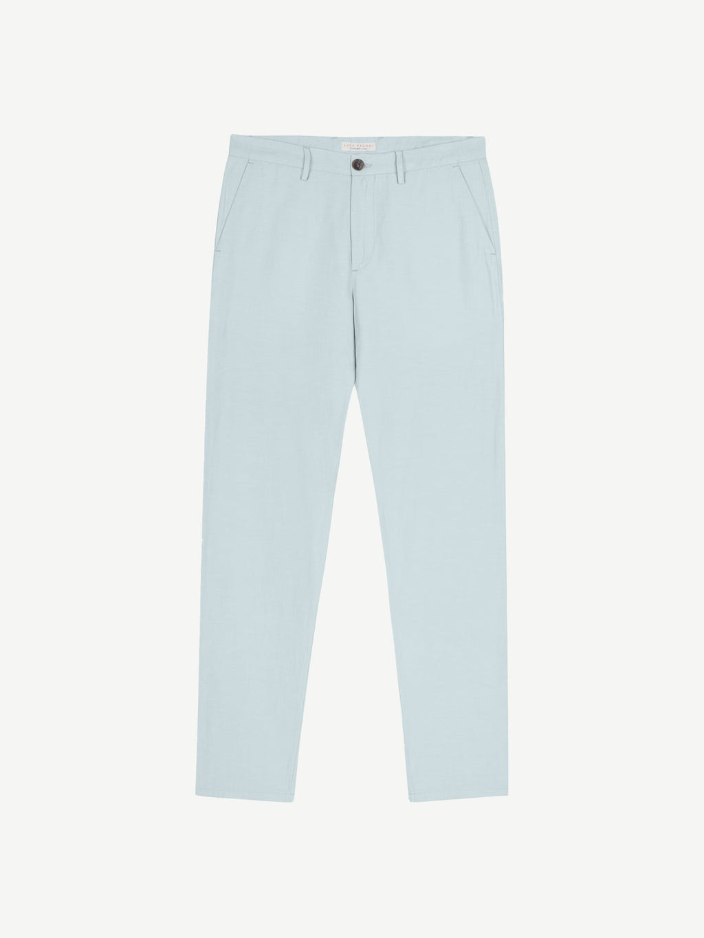 A pair of light blue Linen Cotton Trousers laid flat against a white background.