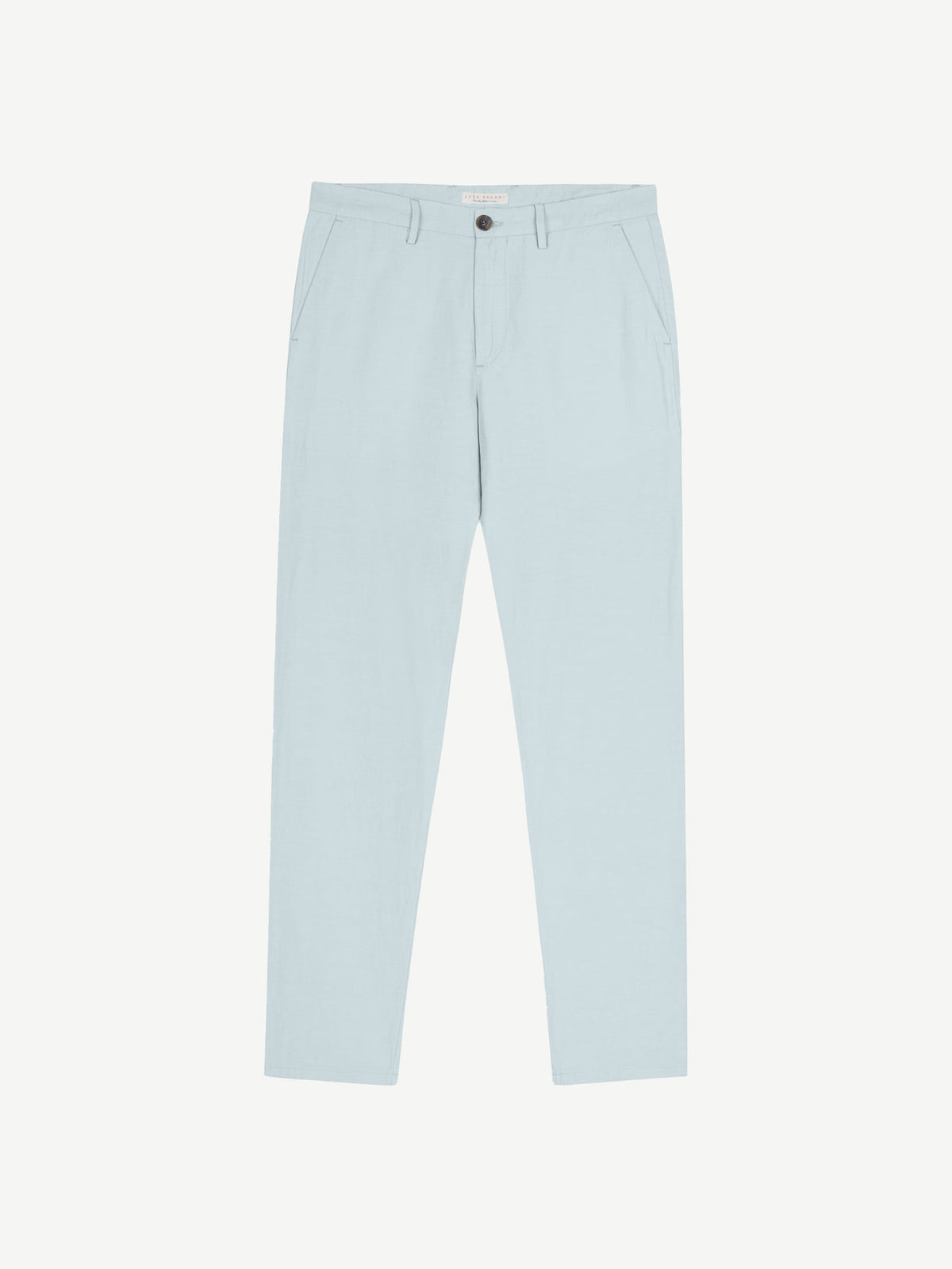 A pair of light blue Linen Cotton Trousers laid flat against a white background.