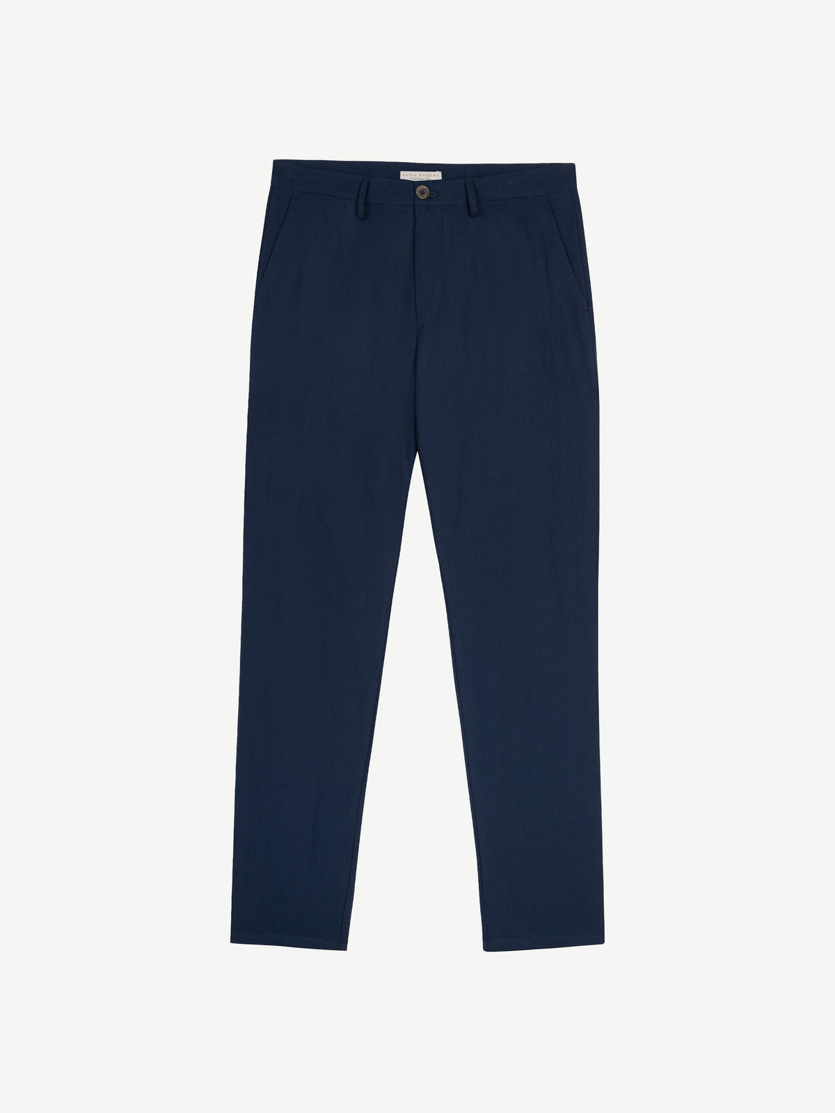 Front view of the navy Linen Cotton Trousers, laid flat.