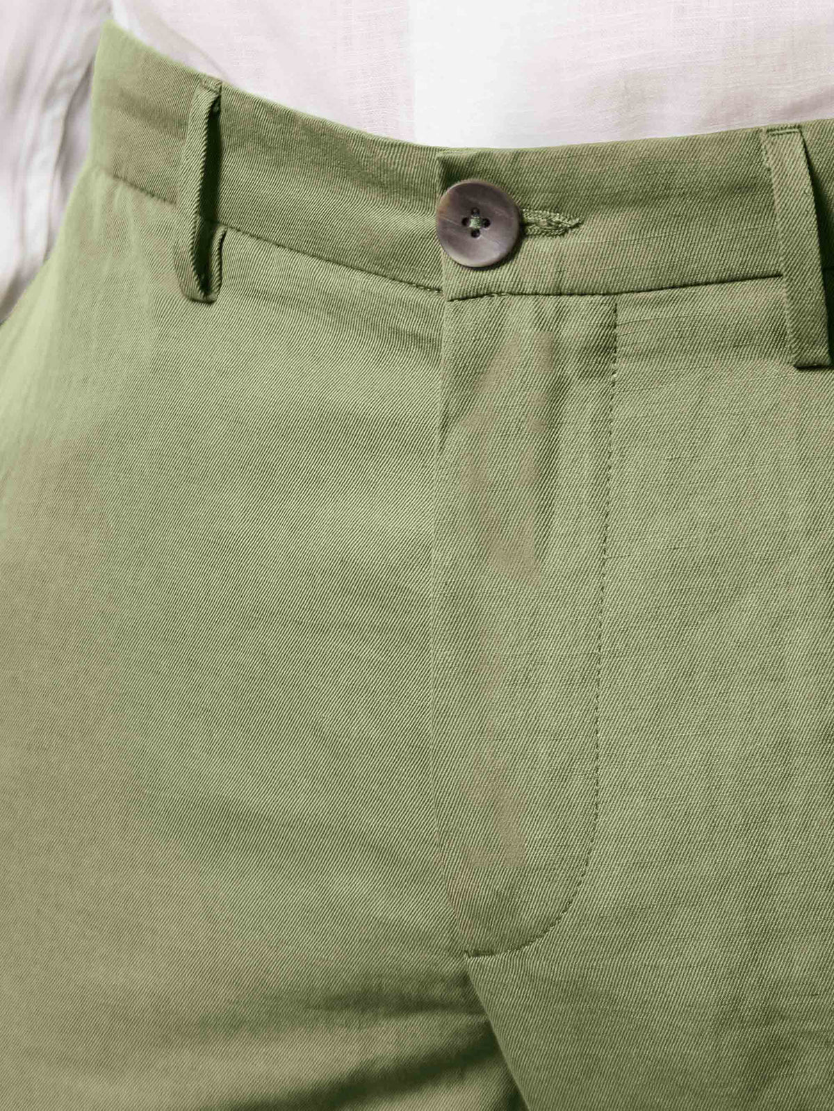 Detailed close-up of the waistband, horn button, and belt loop on the Sage Green Linen Cotton Trousers.
