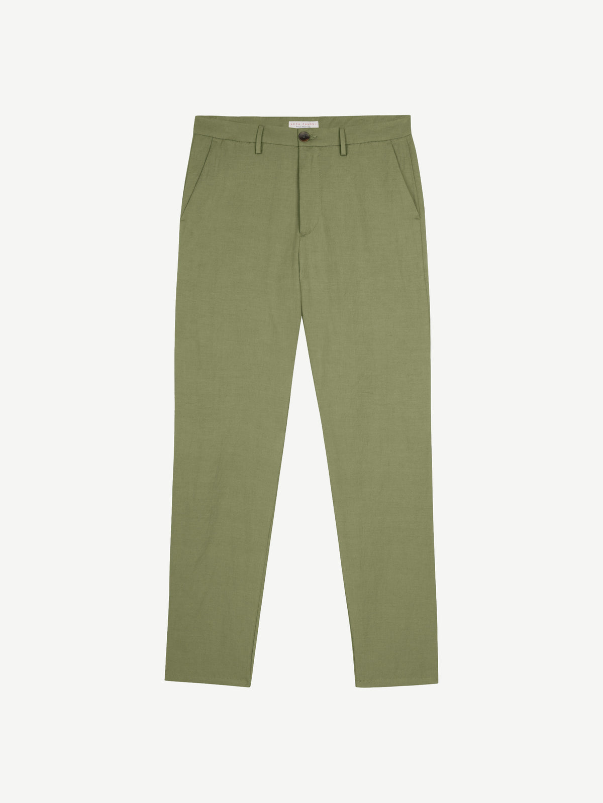 A pair of olive green Linen Cotton Trousers laid flat on a white background, showing the front view.