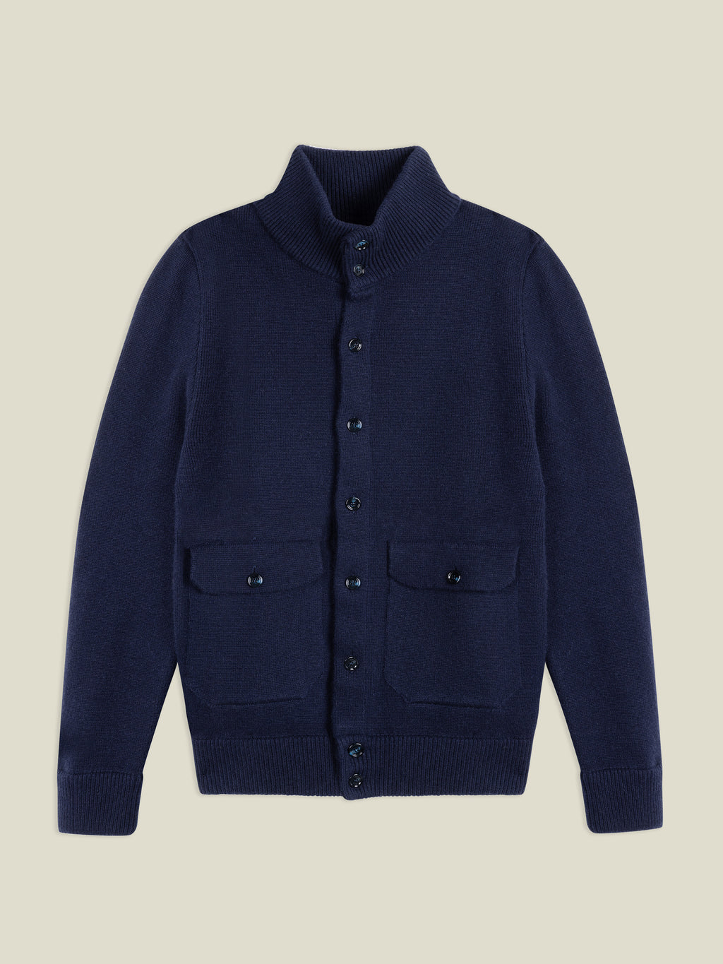 Front view of the Luca Faloni Cashmere Bomber in Midnight Blue against a neutral background.