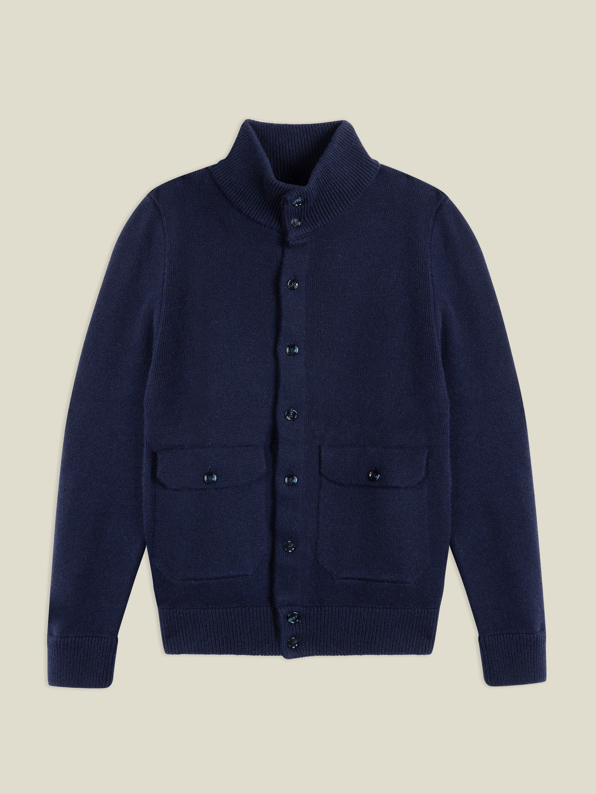 Front view of the Luca Faloni Cashmere Bomber in Midnight Blue against a neutral background.
