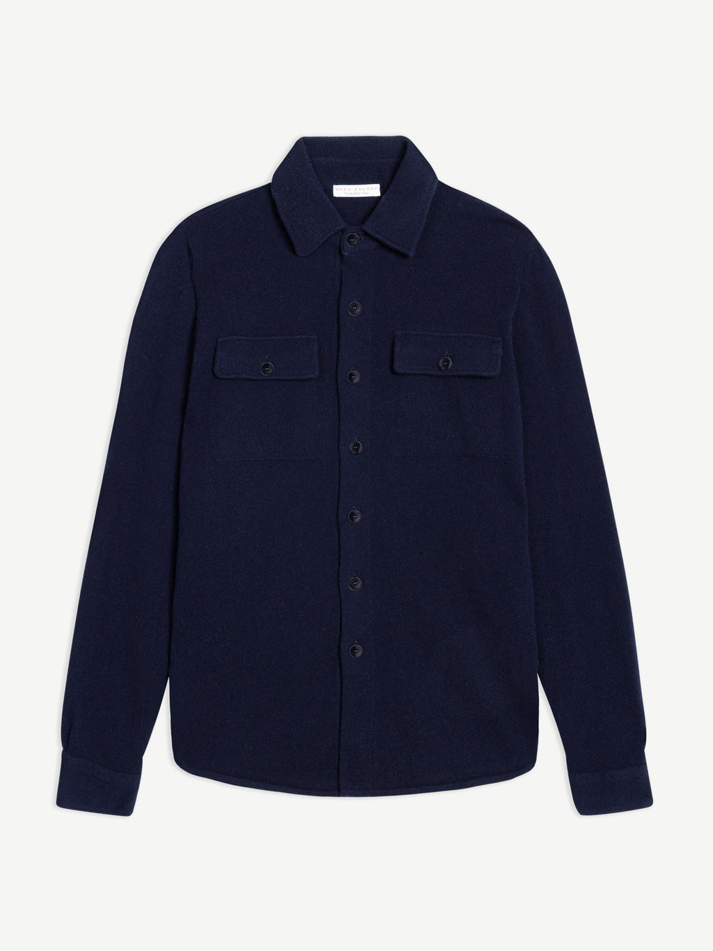Front view of the Luca Faloni Cashmere Overshirt in Midnight Blue, laid flat to show its classic collar and chest pockets.