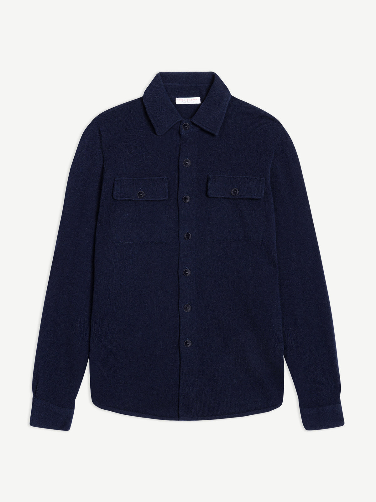 Front view of the Luca Faloni Cashmere Overshirt in Midnight Blue, laid flat to show its classic collar and chest pockets.