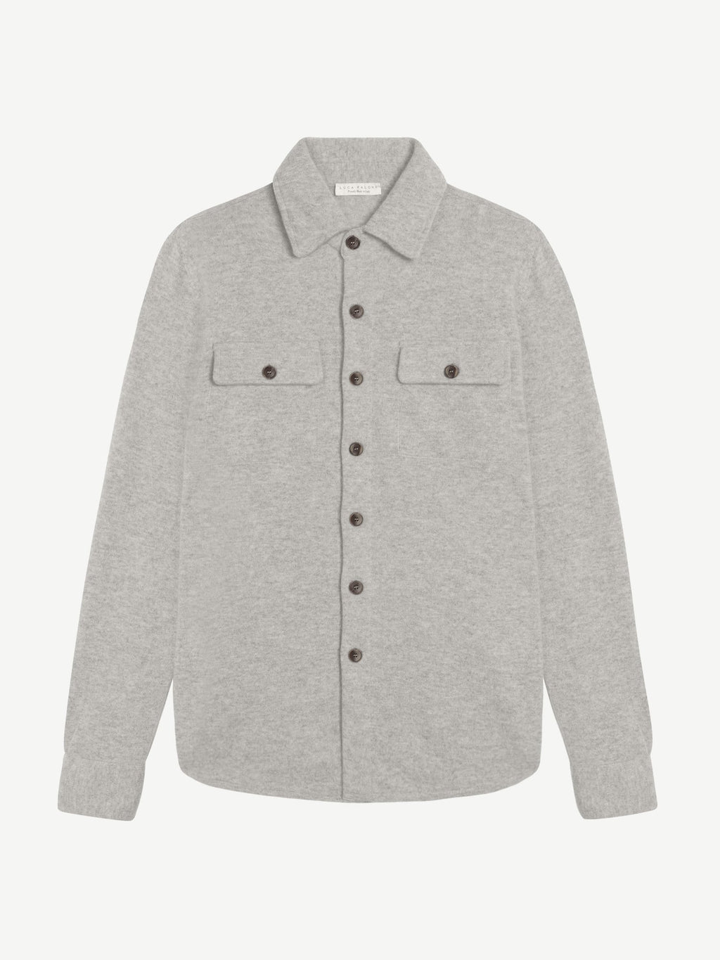 A flat-lay image of the Luca Faloni Cashmere Overshirt in Light Grey, showcasing its spread collar, horn buttons and pockets.