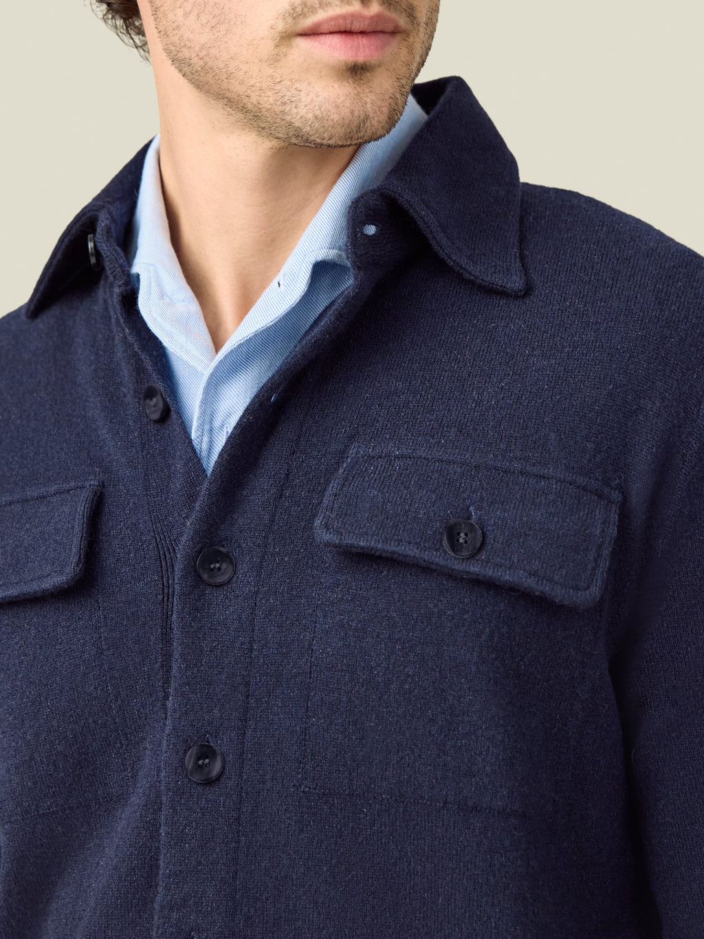 A close-up of the Luca Faloni Cashmere Overshirt in Midnight Blue, detailing the collar, horn buttons, and chest pocket.
