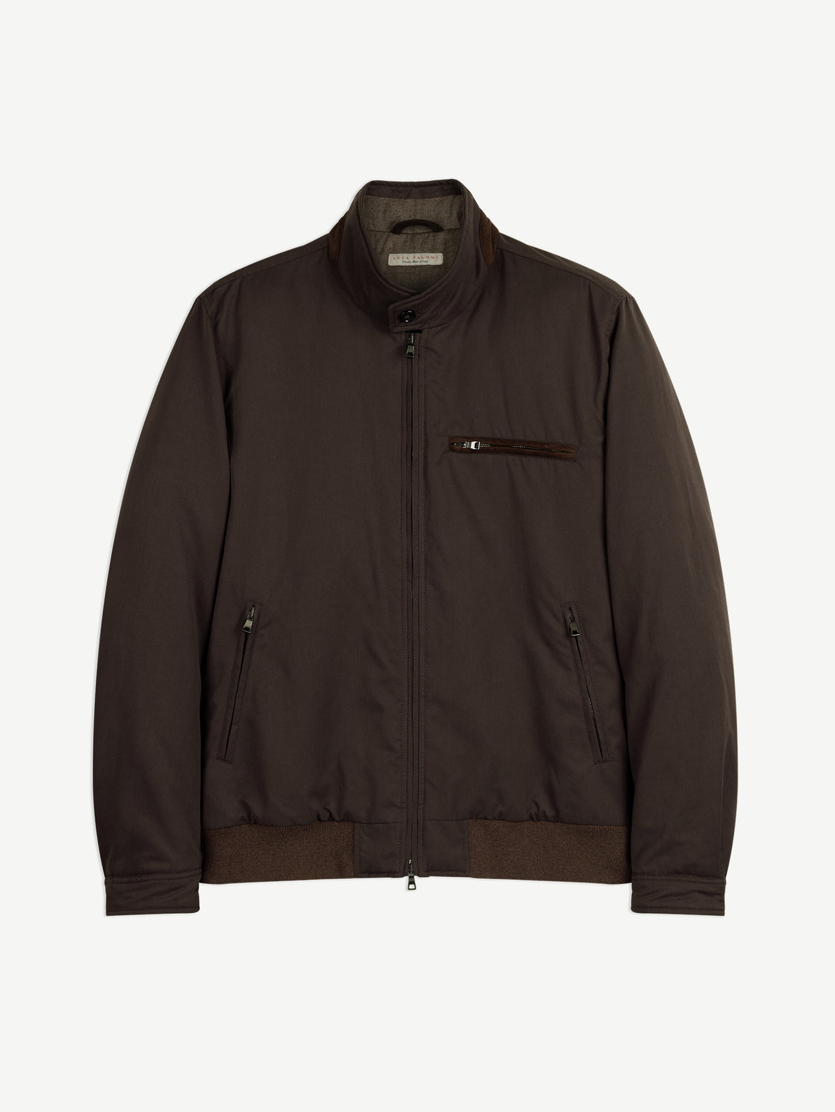 Front view of the Luca Faloni City Jacket in chocolate brown, laid flat on a white background.
