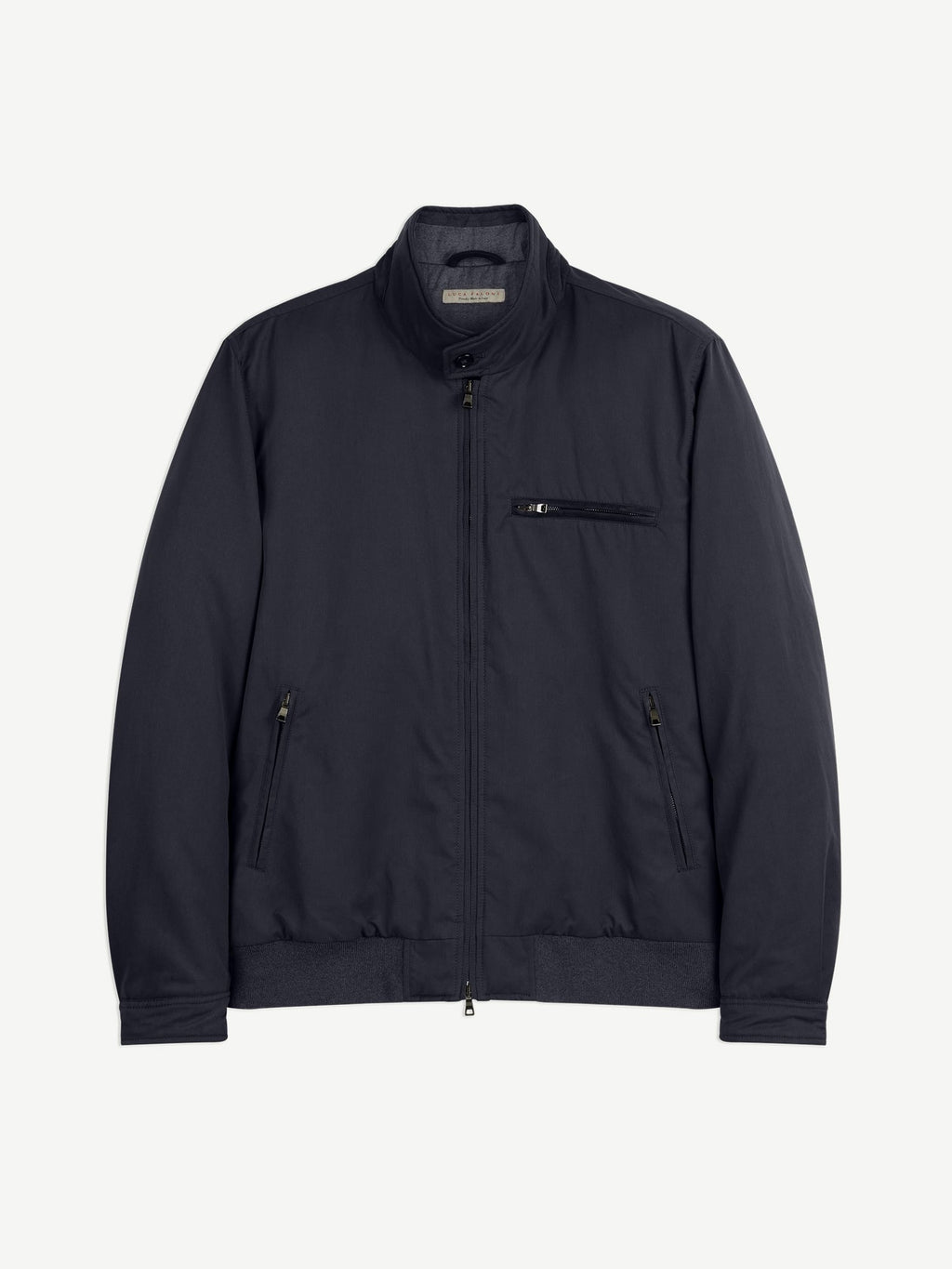 Front view of the Luca Faloni City Jacket in midnight blue, laid flat on a plain background.