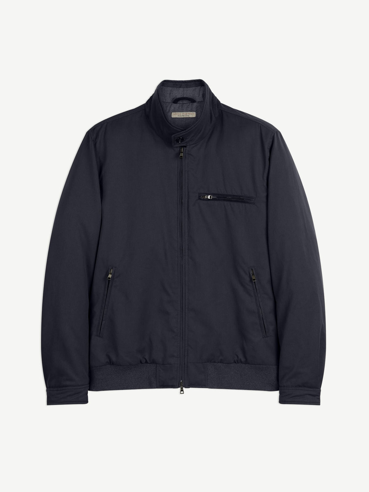 Front view of the Luca Faloni City Jacket in midnight blue, laid flat on a plain background.