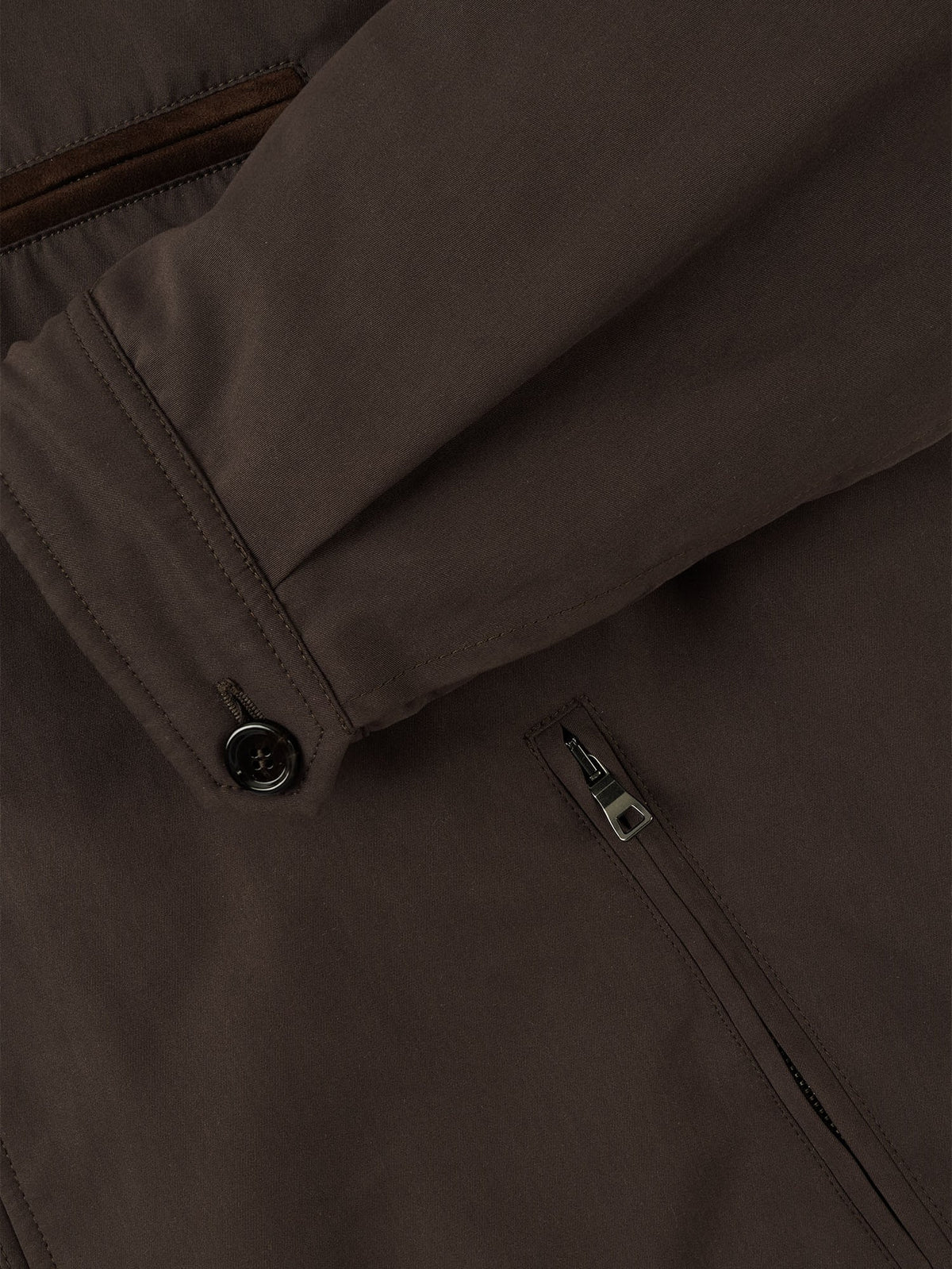 Close-up detail of the Luca Faloni City Jacket in chocolate brown, showing sleeve cuff with horn button and zipped pocket.