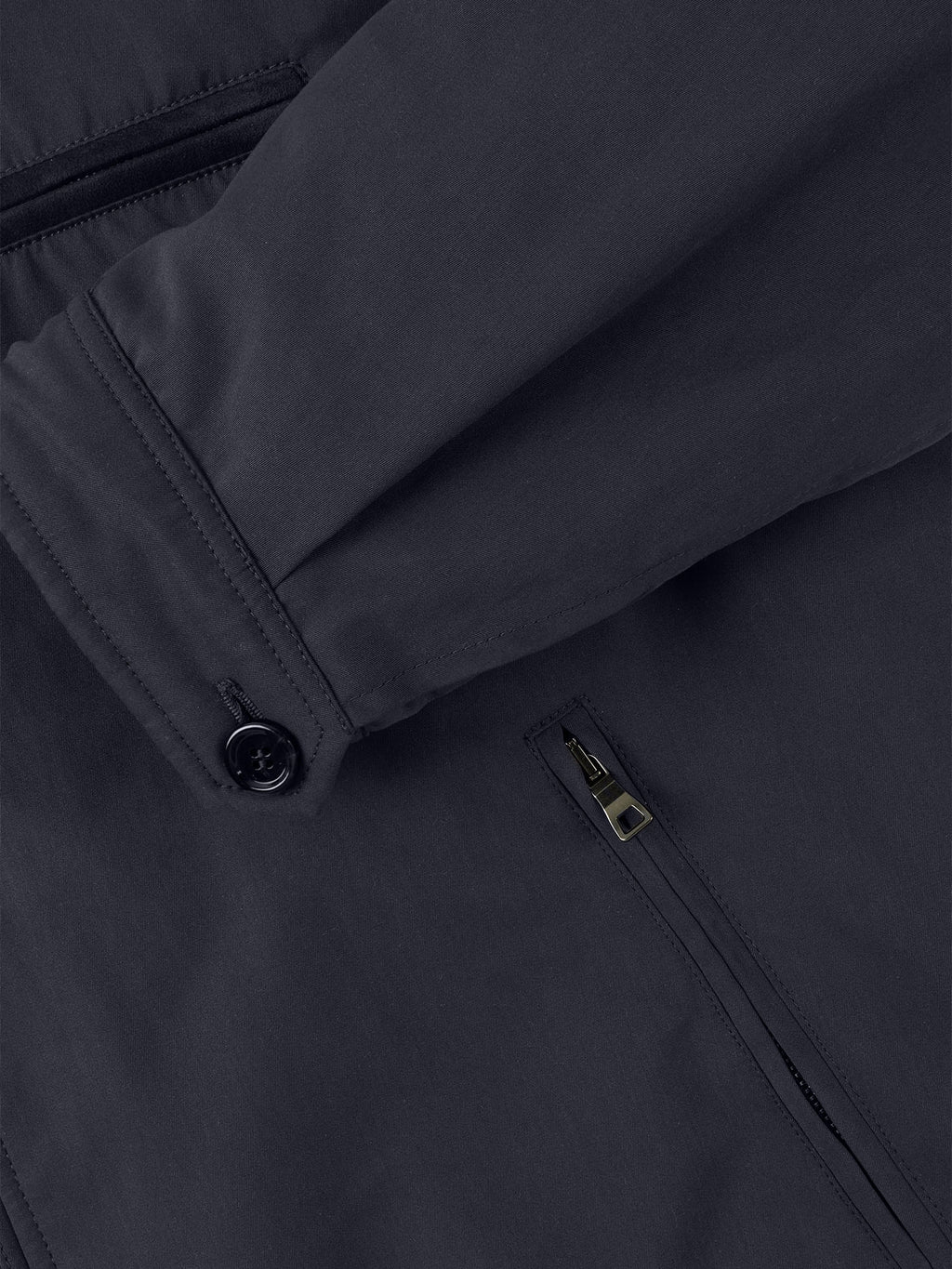 Close-up detail of the Luca Faloni City Jacket in midnight blue, showing the horn button cuff and zipped pocket.