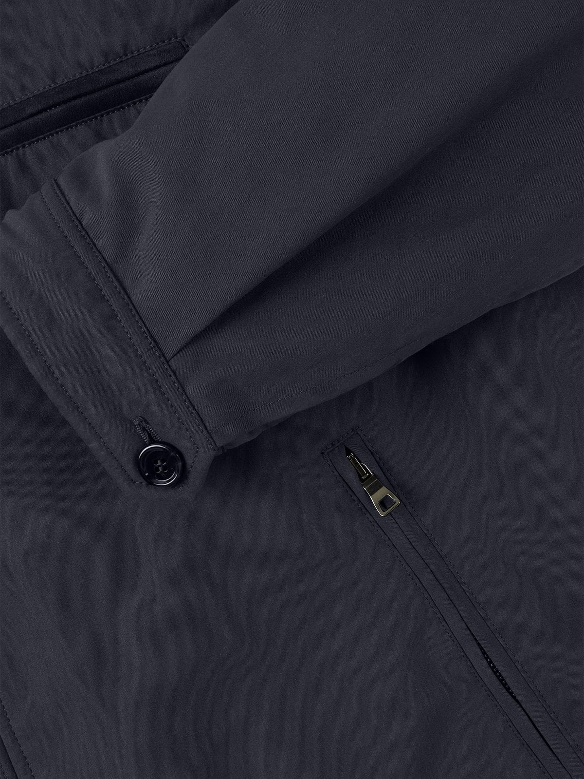 Close-up detail of the Luca Faloni City Jacket in midnight blue, showing the horn button cuff and zipped pocket.